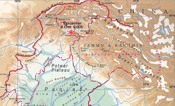 Physical Map of the Northern Pakistan and Kashmir Region affected by the 
